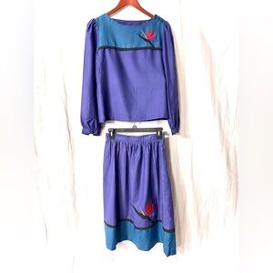 Vintage 1980s W.C.C. 2 Piece Set - Bird of Paradise Embroidered Top & Skirt
